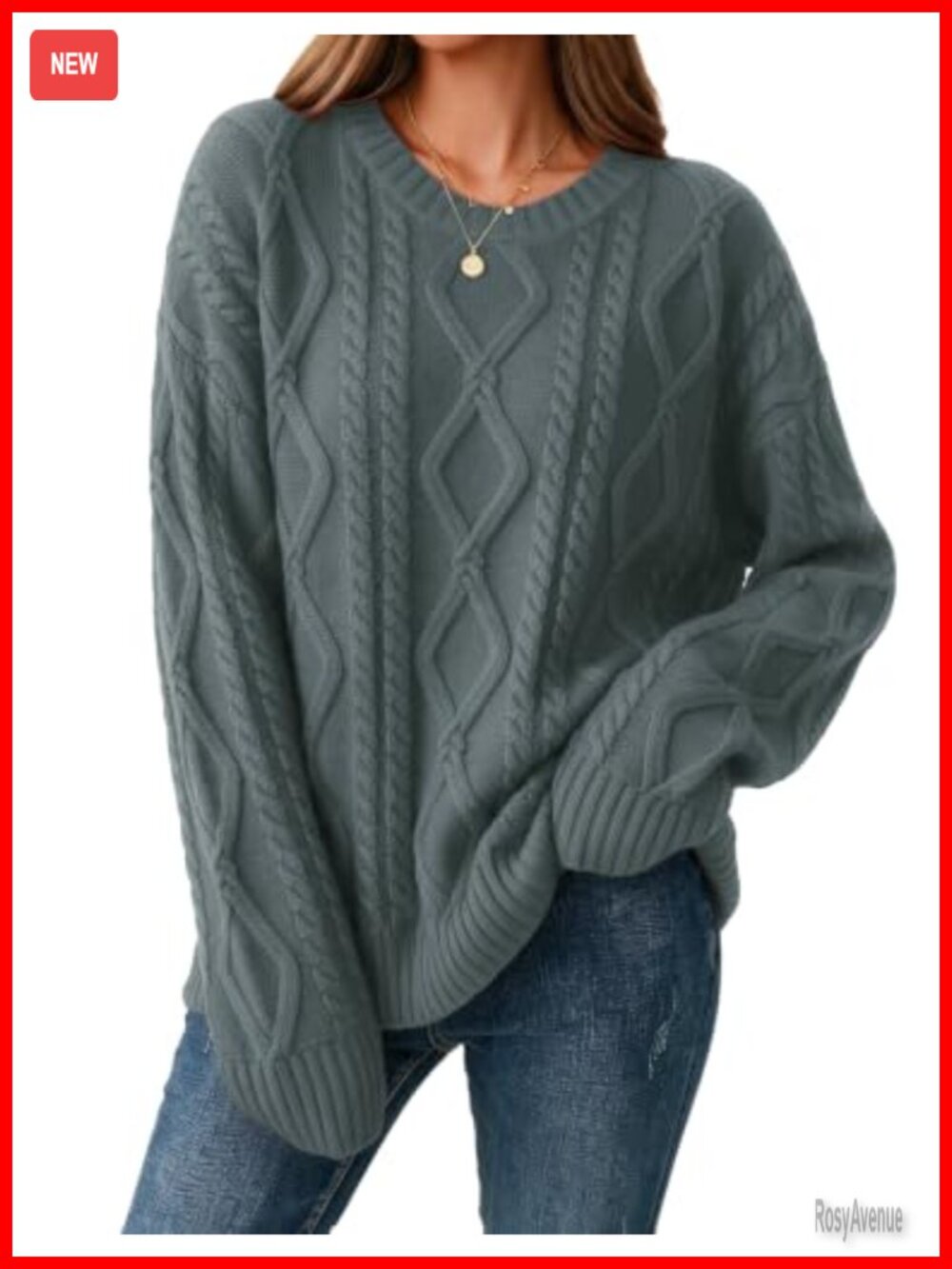 Cable Knit Crewneck Long Sleeve Pullover Sweater Loose Fit
